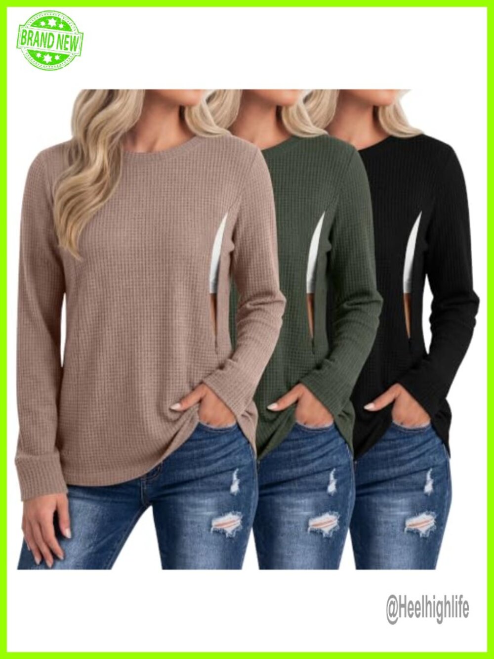 3 Pack Nursing Tops Long Sleeve Waffle Knit Hidden Zipper Breastfeeding